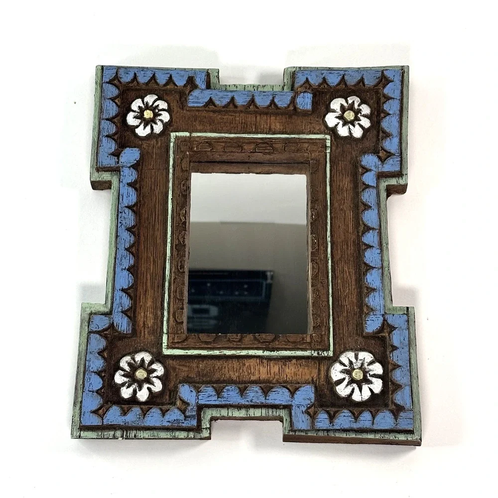 Beautiful Frame Vtg Carved Painted Engraved Mirror Wall Folk Art Boho Cottage